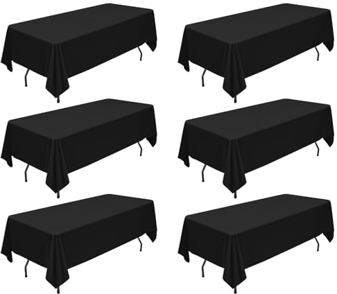 6 Packs Schwarzes Polyester Tischtuch 60 x 102 Zoll Polyester Stoff Tisch Kleidung Abdeckung für 6ft Rectangle Tables Flecken und Falten resistent waschbar Tischdecke für Hochzeit, Geburtstag, Party