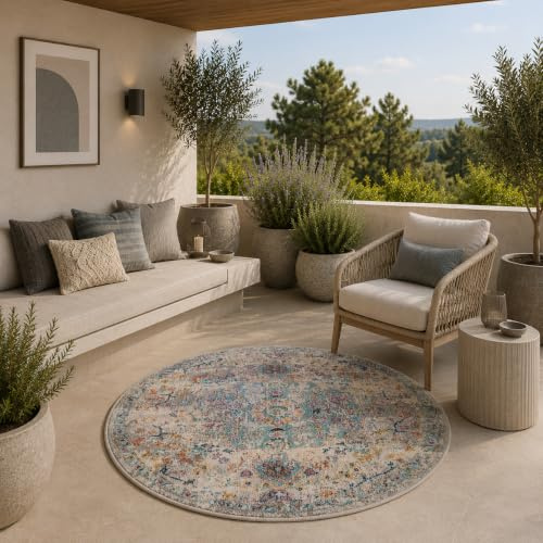 the carpet Palma - Outdoor Teppich wetterfest – Balkon Teppich, Terrasse & Garten – UV-beständig, pflegeleicht, Indoor Outdoor Teppich, Mehrfarbig, Bunt, 120 cm Rund