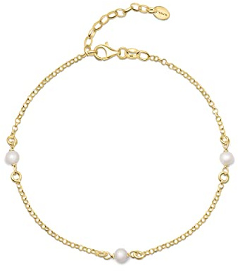 Amberta Damen Fusskette aus 925 Sterling Silber mit Perle: 4-5 mm Perlenkette - Vergoldet 25 cm