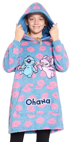 Disney Sudaderas con Capucha para Niña, Sudadera Stitch Niña, Batamanta Infantil, Bata Manta Polar Oversize Ropa para Niñas (Azul Stitch/Ángel)