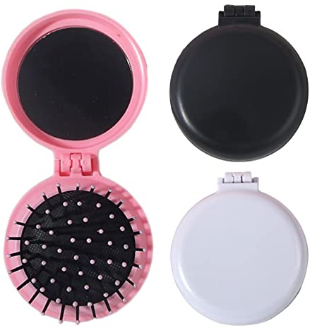 3pcs Foldable Travel Mirror Hair Brushes Round Portable Folding Pocket Hair Brush Mini Hair Comb Hair Massage Comb Compact Hair Brush for Men Women and Girls(Black+White+Pink)