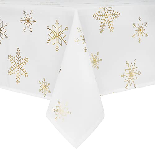 Yrendenge Wasserabweisend Weihnachtstischdecke 220x130, Rechteckige Weihnachten Tischdecke, Groß Esstischdecke Abwaschbar Weihnachts Tischdecke Tischtuch, Weiß mit Gold Schneeflocken Motiv
