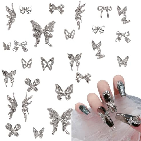 Schmetterling Nagel Charms,150 Stück 3D Silber Schmetterlings Flügel Schleife Nagel Edelsteine,Metall Nagel Schmuck für Nagelkunst-Dekorationen Zubehör DIY-Handwerk (A Silber)