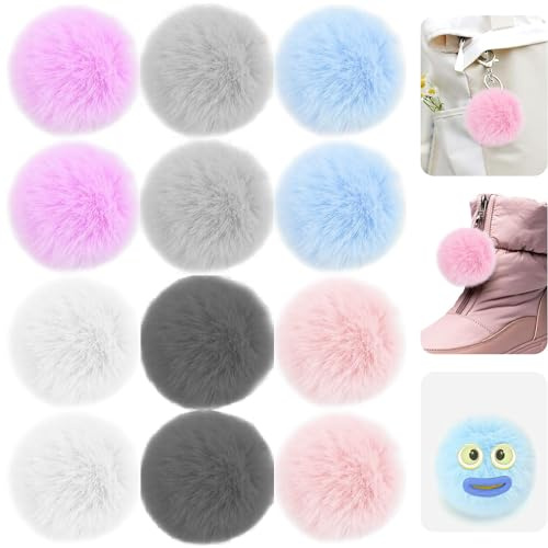12 pezzi di pompon di peluche, pompon di peluche artificiale, pompon in pelliccia sintetica di volpe con anelli elastici, adatti per cappelli, portachiavi, sciarpe (6 colori)