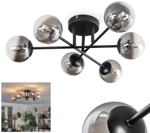 HOFSTEIN Deckenleuchte Chehalis, 6-flammige Deckenlampe aus Metall/Glas in Schwarz/Rauchfarben/Klar, Leuchte im Retro/Vintage-Design, Ø Schirme 10 cm, G9, Esszimmer, Schlafzimmer, Wohnzimmer, Küche