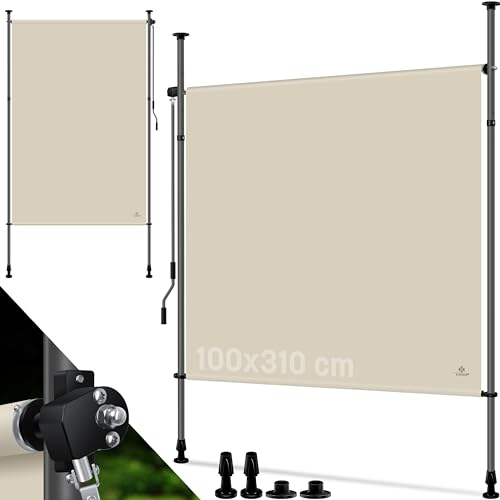 KESSER® Klemmmarkise Senkrechtmarkise 100x310cm Ausziehbar & Blickdicht Vertikalmarkise mit Handkurbel ohne Bohren Balkon-Sichtschutz & Windschutz für Garten & Terrasse Wasserfest Beige