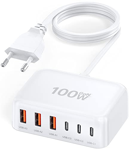 100W 6-Port Adapter Mehrfach Ladegerät mit USB-C und USB-A, Schnellladegerät PD 3.0 Charger Power Netzteil für iPhone 16 15 14 13 12 SE XS XR 8 (Weiß(100W))
