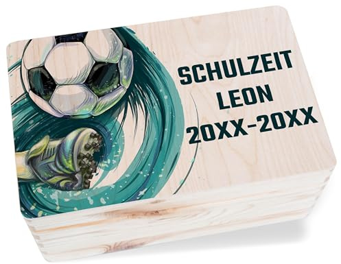 Holzkiste - Schulzeit Erinnerungsbox Jungen Fußball | Einschulung Geschenk Schulanfang - 30x20x14 cm - Holz - box einschulung￼ kiste 1. schuljahr schulanfänger zur geschenkbox zum