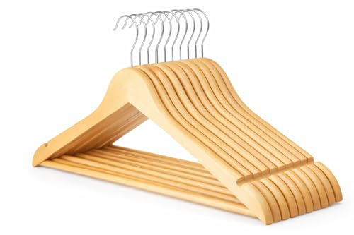 1ABOVE 10 Pack Grade-A Natural Wooden Coat Hangers with Non-Slip Trouser Bar & Shoulder Notches – Heavy-Duty Strong Wood Clothes Hangers for Suits, Jackets, Dresses & Pants