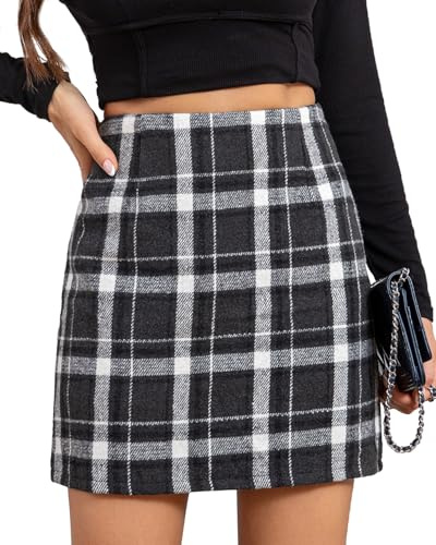 We1Fit Karierter Damenrock, hohe Taille, Wolle, figurbetont, Bleistift-Minirock mit Shorts, Schwarz, Klein