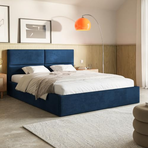 MOTIVENA Livi Bett 180x200 Blau Samt, mit Stauraum, mit Kopfteil, mit Lattenrost, ohne Füße, ohne Matratze, Polsterbett 180x200 mit Bettkasten Blau (Dunkelblau)