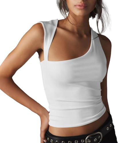 EMOTTOS Camiseta Sin Mangas para Mujer, Camisetas Camisetade Verano con Tirante Irregular, Tank Top Crop Tops sin Mangas Elegante Sexy Ajustada Casual Corte Entallado para Mujeres, Blanco M