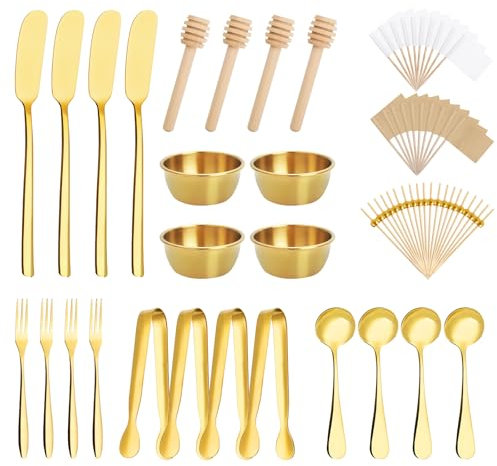 Foyucool 94 Pcs Charcuterie Board Accessories, Stainless Steel Cheese Spreaders Forks Spoons Mini Serving Tongs Honey Dippers Sauce Cups Toothpick Flags Charcuterie Utensils for Pastry Making, Gold