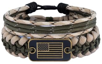 VIKENNIA Paracord Set – 2 Adjustable Braided & Rope Bracelets with Bronze USA Flag Charm – 550 Paracord Survival Gear for Outdoor Adventures – Handmade, Unisex, Ideal Gift for Military Veterans(Set 2 of Beige)