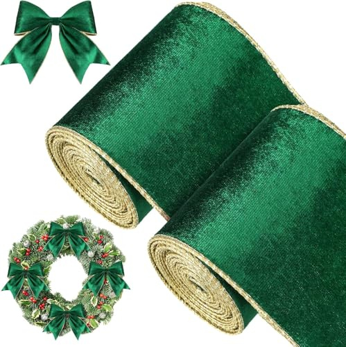 KAHEIGN 2 Rollen Weihnachtsband Grün Weihnachten Samtband, 11m x 10cm Breit Weihnachtssamtband mit Drahtrand, Vintage-Weihnachtsband für Weihnachten, DIY Schleife Dekoband Samt Schleifenband