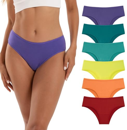 INNERSY Bragas Mujer Algodon Cintura Baja Hipster Pierna Alta Braguita Bikini Deportiva Pack de 6 (XS, Colores Arco Iris)