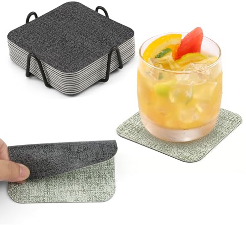Chitomars Untersetzer Gläser 12er Set, doppelseitige Leder Glasuntersetzer | Rutschfest abwaschbare Getränkeuntersetzer Kunstleder Glas Untersetzer-Set mit Halter (Grau Grün, Quadratisch)