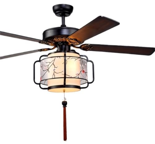 Retro Ceiling Fan Light with Remote Control 52 Inch Wood Leaf Design Silent Ceiling Fan Chandelier for Living Room Bedroom Ceiling Fan with Light Fixture
