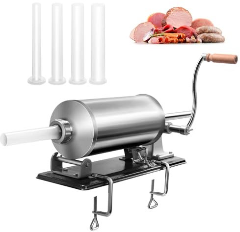 GYMAX Insaccatrice Manuale, Produzione di Salsicce, Macchina per Salsiccia in Acciaio Inossidabile, con Tubi di Riempimento di Diversi Diametri, Morsetto da Tavolo (Orizzontale, 4 kg)