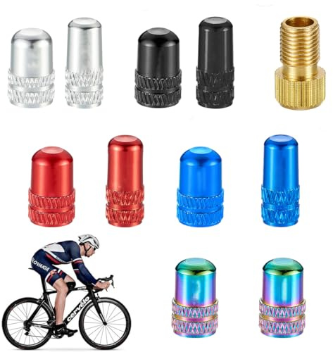 QIBZI Cappucci delle valvole,Tappino Valvola Presta, Presta Cappuccio, 1 x Convertitore di boccaglio, 10 Pezzi Presta Valve Cap, Tappi Per Valvole Per Bici, Coprivalvola Bici in Metallo