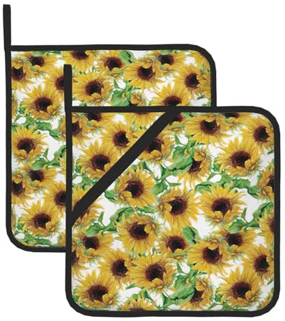 Set di 2 presine con stampa di girasole, per cucina, donne, uomini, cucina, barbecue, microonde