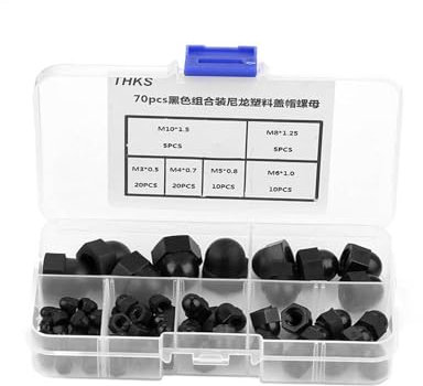 Hutmuttern-Set, 70 Stück, M3, M4, M5, M6, M8, M10, schwarze Nylon-Sechskantmuttern mit Rundkopf für verschiedene Hardware- und Scheunentorprojekte (Schwarz)
