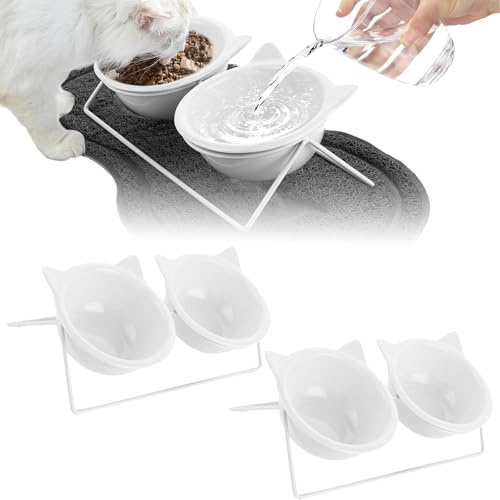 YAYODS 4 Stück Katzennapf Keramik 15° Neigung - 300ml Katzennapf Erhöht mit Napfunterlage - Erhöhter Katzennapf - Futternapf Katze Erhöht - Katzennäpfe Mit 2 Metallständer - Napferhöhung Katzen