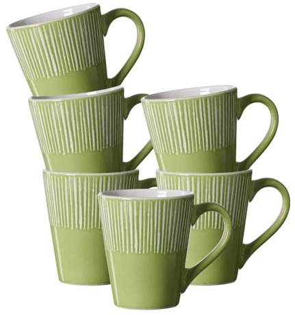 Ritzenhoff & Breker Banda Henkelbecher 6er Set, 315 ml, Kaffeebecher mit Streifen-Relief, Minimalistisches Geschirr in Coupe-Form, Spülmaschinenfest, Steingut, Grün