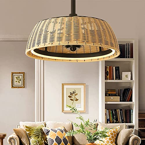 Vintage Ceiling Fan with Ceiling Light E27 Pendant Light with Remote Control Quiet Vintage Rattan Chandeliers for Living Room Bedroom Dining Room Hanging Light Fixture