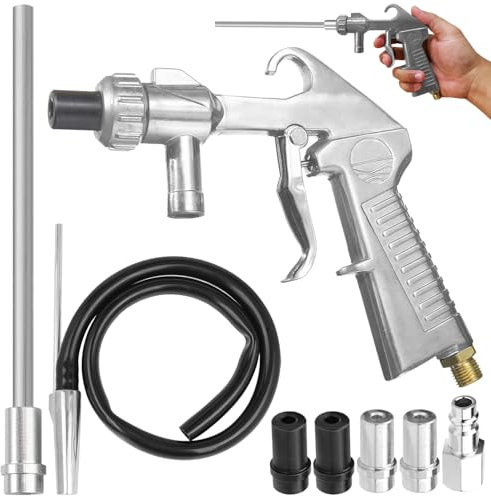 EUMAYES Sandstrahlpistole Druckluft Set, Sandstrahlen Pistole Kit mit Langer Sandstrahldüse und Metalldüsen von 5MM/6MM Kaliber, 1M Langem Gummischlauch und Luftanschlussnippel für Sandstrahlen
