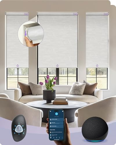 Graywind Smart No Drill Roller Blinds Compatible with Alexa Google, Customized Twist & Fit Roller Shades No Drilling, Solar-Powered Easy Fit Windows Blinds, Blackout Jacquard Series