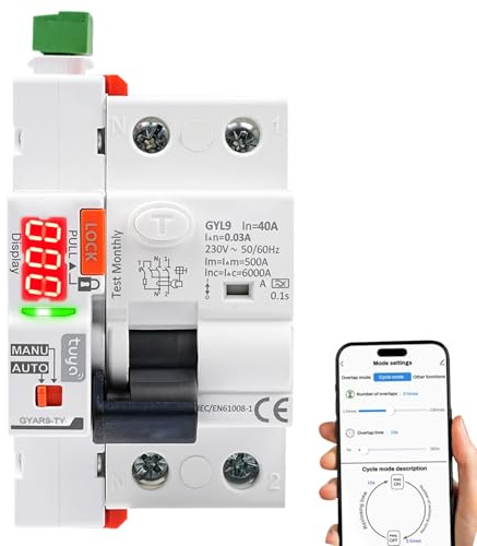 Jadeshay Disjoncteur Différentiel 40A 30mA, Disjoncteur Wifi Tuya Interrupteur Différentiel 40A 30mA Type A avec Réarmement Automatique Affichage LED Commande Manuelle/par application, 230VAC