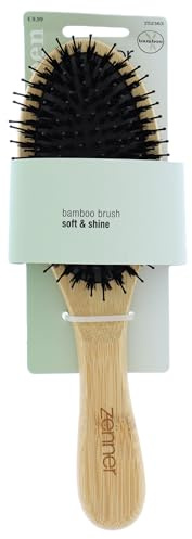 Zenner Spazzola ovale con manico in bambù, spazzola a cuscino con setole sintetiche morbide al settanta percento e 30% perni in nylon, punte antistatiche, per capelli fini e medi, naturale