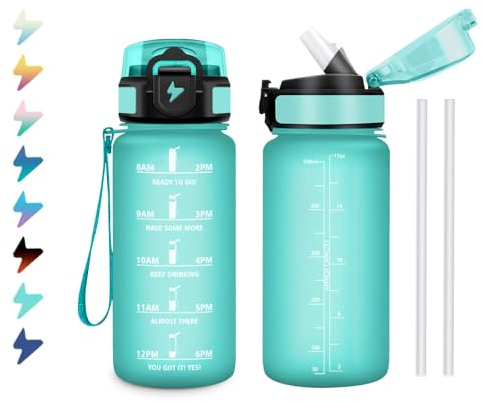 KollyKolla Trinkflasche 500ml, Motivierende Wasserflasche mit Zeitmarkierung, Auslaufsicher, Wasserflasche mit Strohhalm, Kohlensäure Geeignet, Sportflasche für Radfahren, Camping, Büro, Wandern, Gym