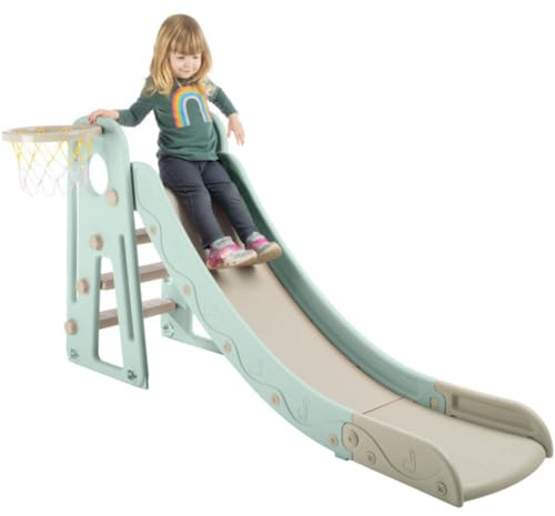 Toddler Slide with Basketball Hoop and Ball - Indoor and Outdoor Play Equipment for Kids Age 3 and Up - Foldable Plastic Climber Slide Playset Toys by Hey Play (Blue)
