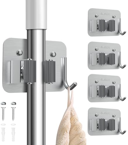nacena Broom Holder Wall Mount, 4 Packs Silver Stainless Steel Mop and Broom Hanger with Hooks Heavy Duty Broom and Mop Organizer Wall Hanging for Bathroom
