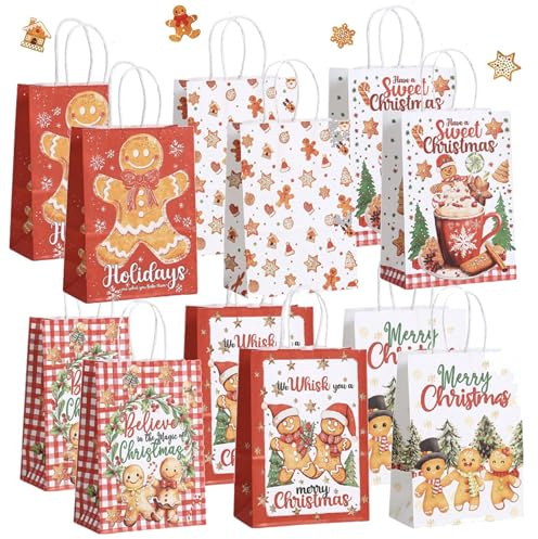 12 Stück Geschenktüten Weihnachten,Papiertüten Weihnachten mit Henkel,Kraftpapier Tüten Weihnachtstüten,Personalisierte weihnachtstüten Papiertüten mit Griff,Weihnachtspapiertüten Set,für Partyzubehör