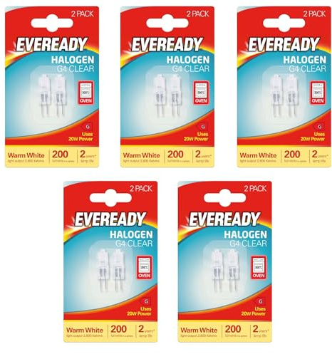 Eveready G4 Halogen Light Bulbs, 20W, 12V, 2-Pin Base, Clear Capsule, Warm White, Dimmable (10)