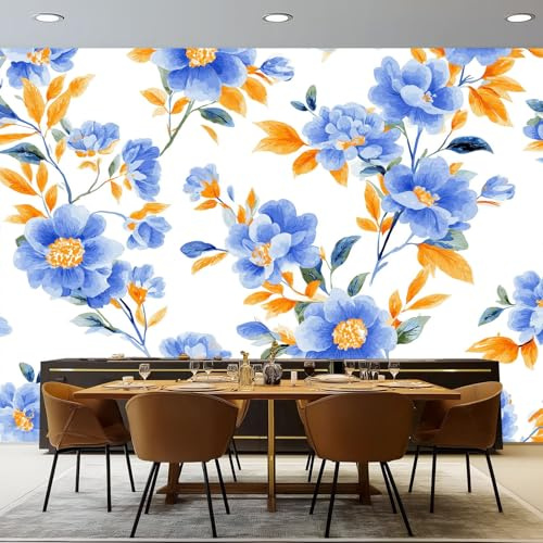 Carta Da Parati Acquerello Floreale Geometrico - Blu Arancione Decorazione Poster Arte Murale, Soggiorno Carta da Parati Non Tessuta per Ufficio Camera Da Letto Decorare 300 x 210 cm