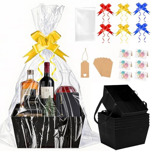 SelfTek Set di 6 cestini regalo vuoti grandi – cestino regalo con cestino regalo vuoto pellicola regalo trasparente, fiocchi, biglietti di auguri, etichetta, cestino regalo vuoto per Natale