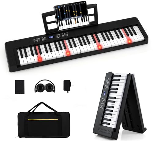 COSTWAY Teclado de Piano Plegable de 61 Teclas, 128 Tonos y 128 Ritmos, Piano Electrónico con Auriculares, Pedal de Sustain, Teclado Digital Portátil con Bolsa Transporte para Principiantes (Negro)