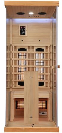 SANOTECHNIK Cabine infrarouge NORDISK 1 pour 1 personne, bois Hemlock, 80 x 110 x 190 cm, 4 projecteurs à spectre complet, 1450 W, thérapie de la lumière LED, radio MP3, élément de commande