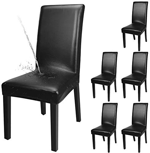 YISUN 4er/6er Set Esszimmer Stuhlhussen, solide Pu Leder wasserdichte Stretch Esszimmerstuhl Schutzhülle (6-Stück, Schwarz)