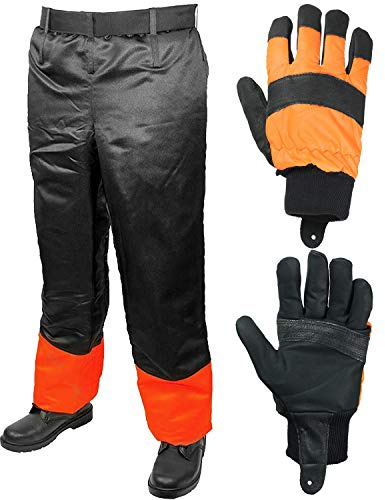 Spares2go Sicherheitshose für Kettensäge ohne Sitz (Einheitsgröße, 78,7 cm – 106,7 cm) + Schutzhandschuhe (Größe 10)