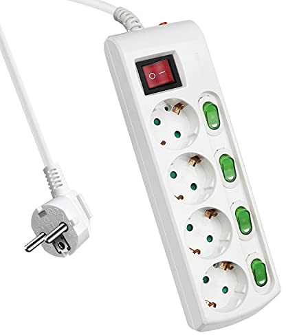 EXTRASTAR 4 Fach Steckdosenleiste Haupt+Einzelschalter & Kindersicherung | 2m Kabel, 3G1.5mm², 16A/230V, 3680W, Mehrfachsteckdose für Büro und Zuhause, Weiß