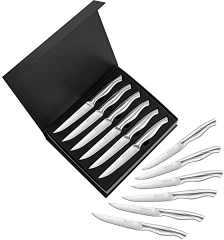 BECOKAY Serrated Steak Knives Set,Stainless Steel,Dishwasher Safe