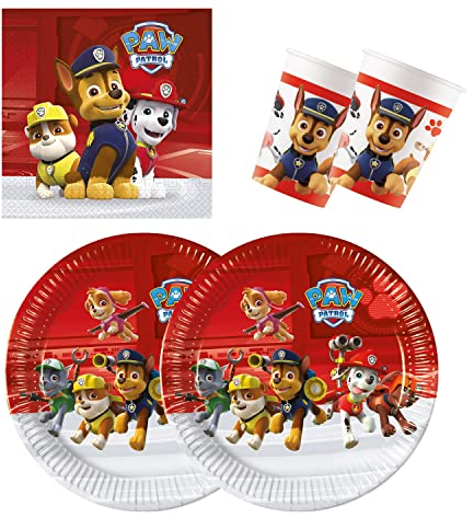 Procos 10137427 - Set de fiesta S Paw Patrol Ready for Action, 52 piezas, 16 platos, 16 vasos, 20 servilletas, vajilla desechable, vajilla de fiesta, decoración de mesa, Marvel