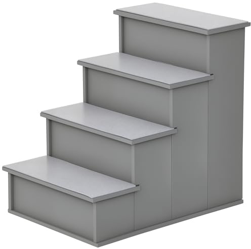 PawHut 4 Step Dog Steps for Bed, Wooden Dog Steps for Sofa, Pet Stairs for Bed Couch with Non-Slip Carpet for Cats and Puppies, 40 x 59 x 54.2 cm, Grey