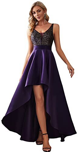 Ever-Pretty Vestiti da Ballo Scollo a V Maniche Corte Linea ad A Corto Davanti Lungo Dietro da Donna Viola Scuro 48