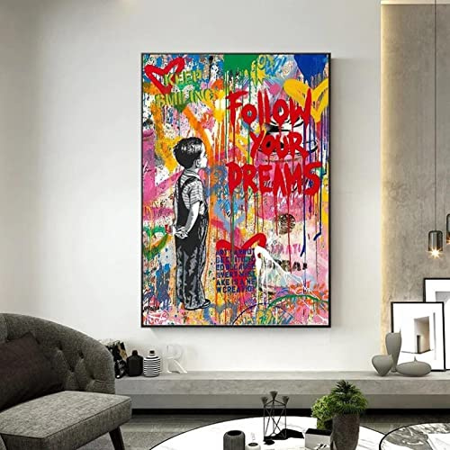 Yishui Art Follow Your Dreams Leinwand Gemälde Graffiti Kunst Banksy Modern gerahmtes Kunstwerk Wandkunst für Wohnzimmer Büro Drucke 80x110cm(31x63in) mit Rahmen